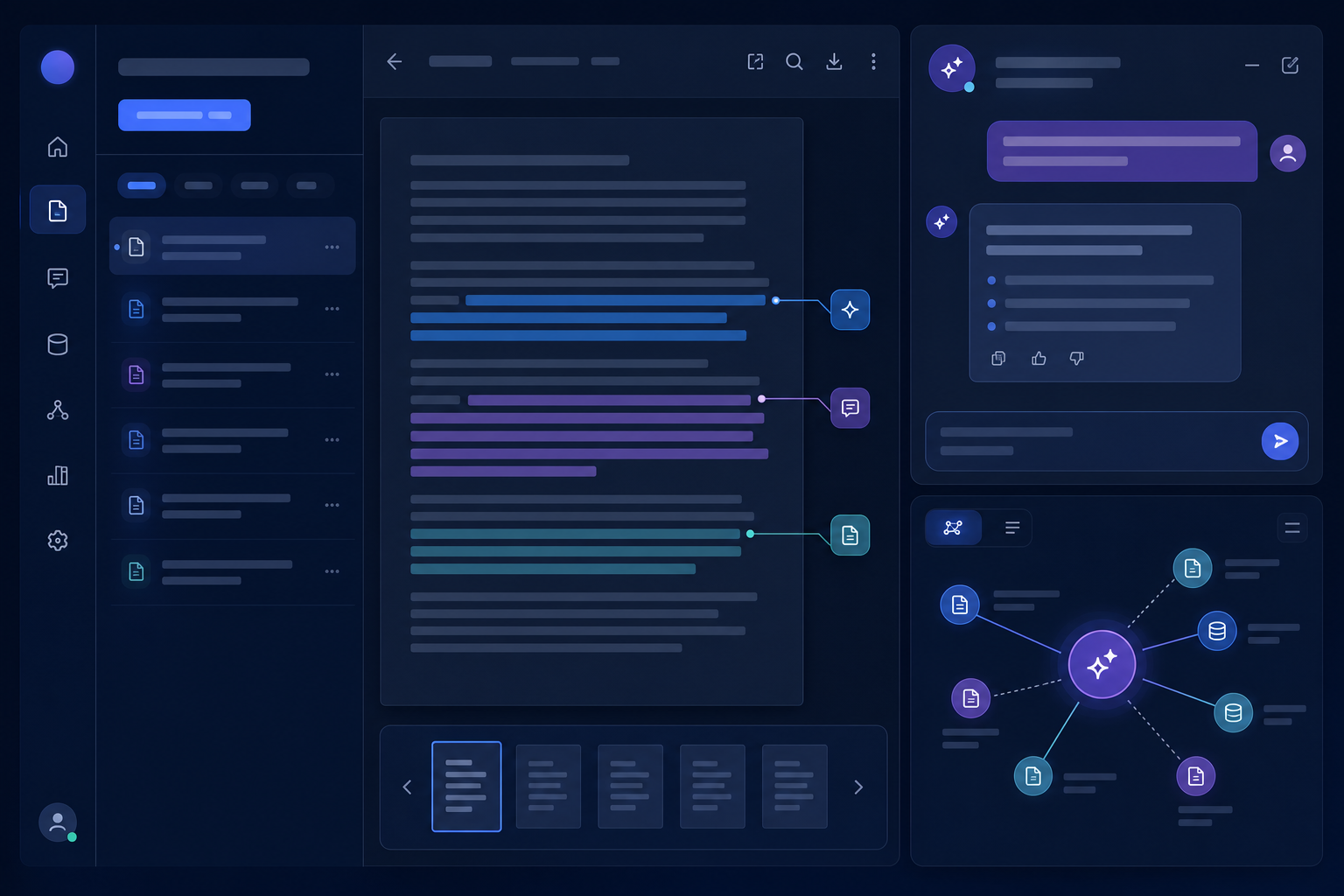 AI document analysis workspace with highlighted document sections, assistant chat panel and knowledge retrieval diagram
