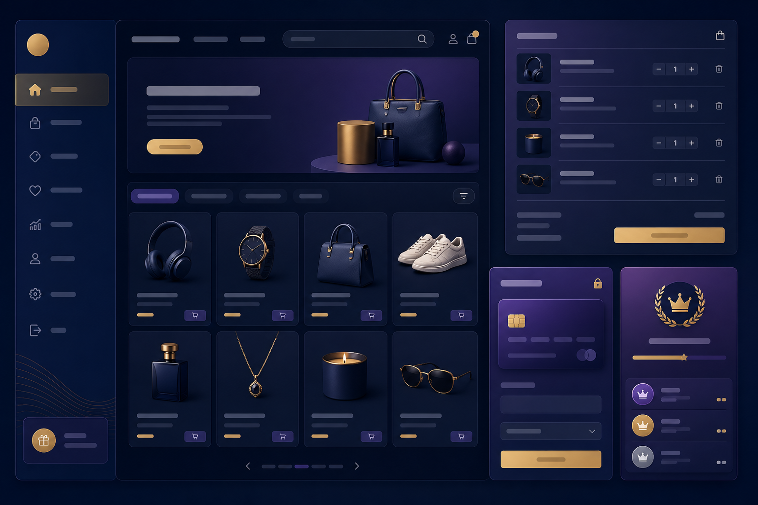 E-commerce storefront interface with product grid, shopping cart, payment step and loyalty rewards panel