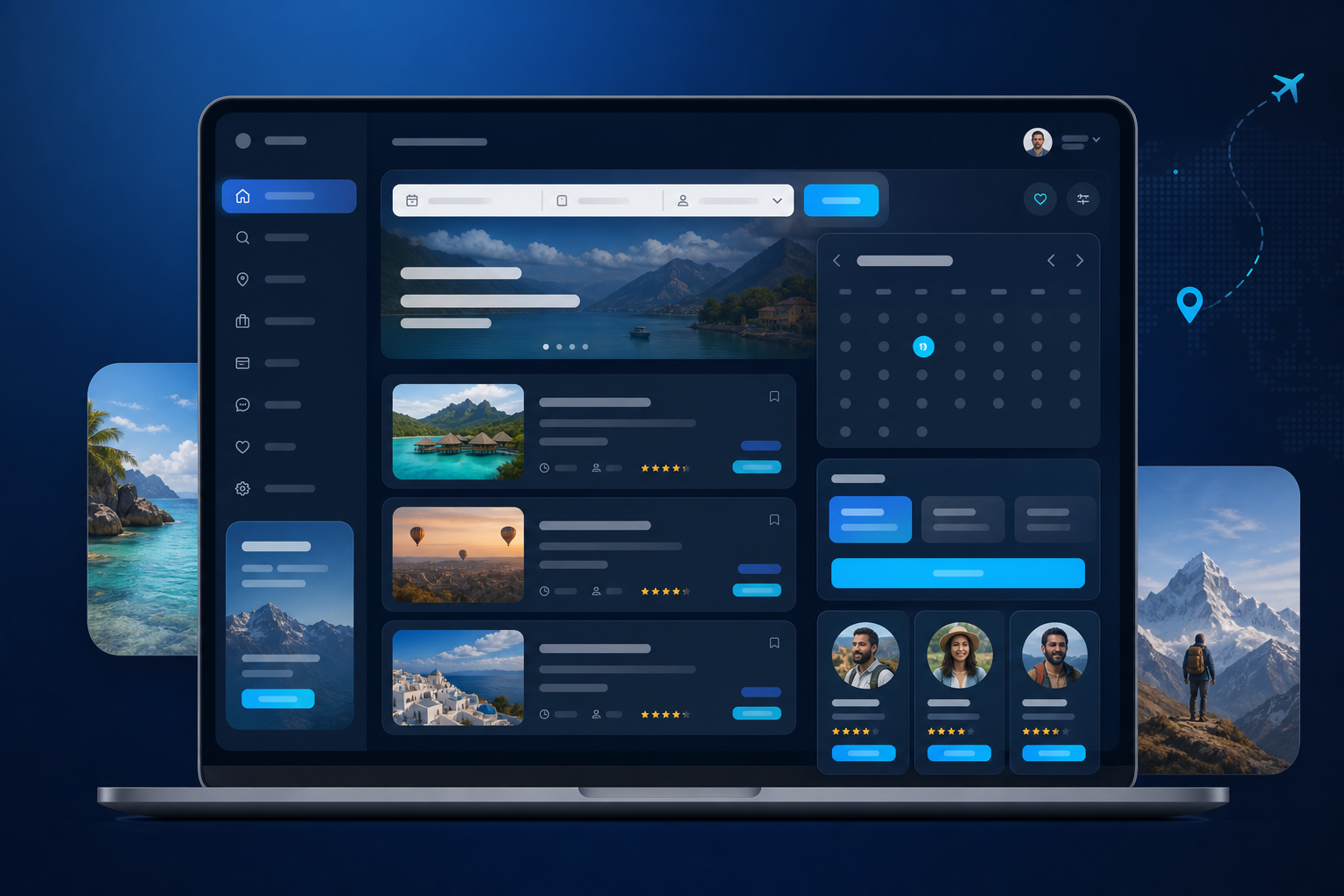 Travel and tourism marketplace interface showing tour listings, a booking calendar and guide profiles