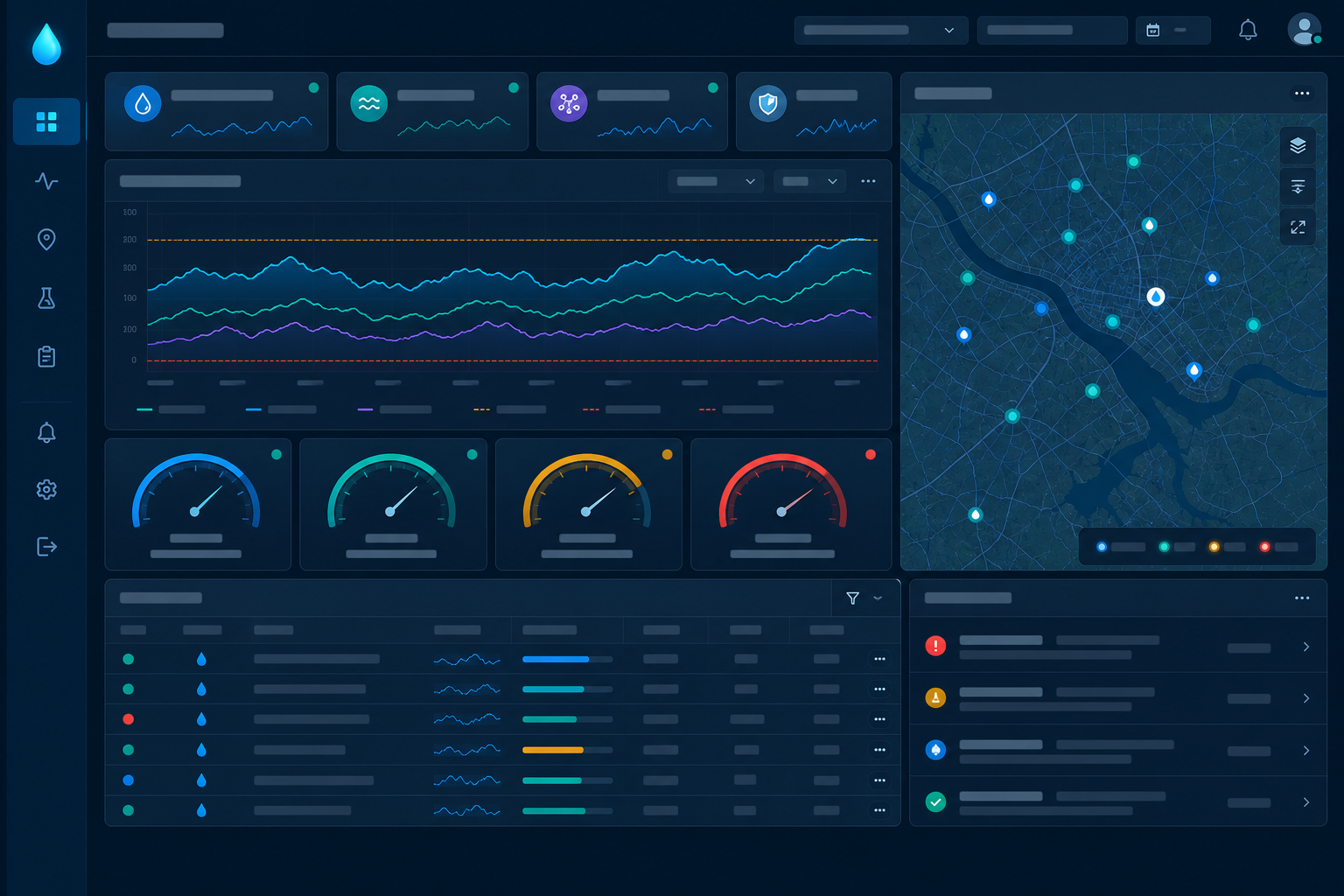 Water quality operations dashboard with trend charts, monitoring gauges, site map and reporting table